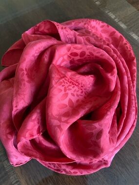 Red Floral Jacquard Scarf hand rolled probably silk 11“ x 59“